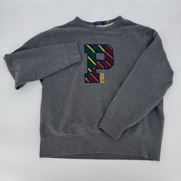Polo Ralph Lauren Men's Sweatshirt L Gray Varsity P Logo Striped Crest Pullover - Picture 1 of 5